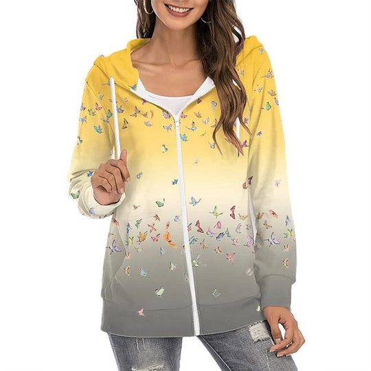 Heidi-Mode | Mode Floral Print Langarm Zip Auf Kapuzenpullover Sweatshirt