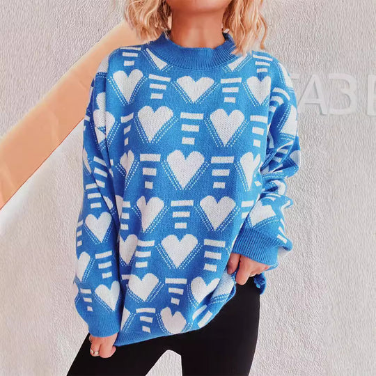 Damen gestrickter Pullover im modernen Herzdesign mit weitem Schnitt Heidi-Mode