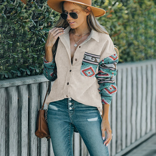 Damen Cordjacke mit dekorativem Ethnomuster Heidi-Mode