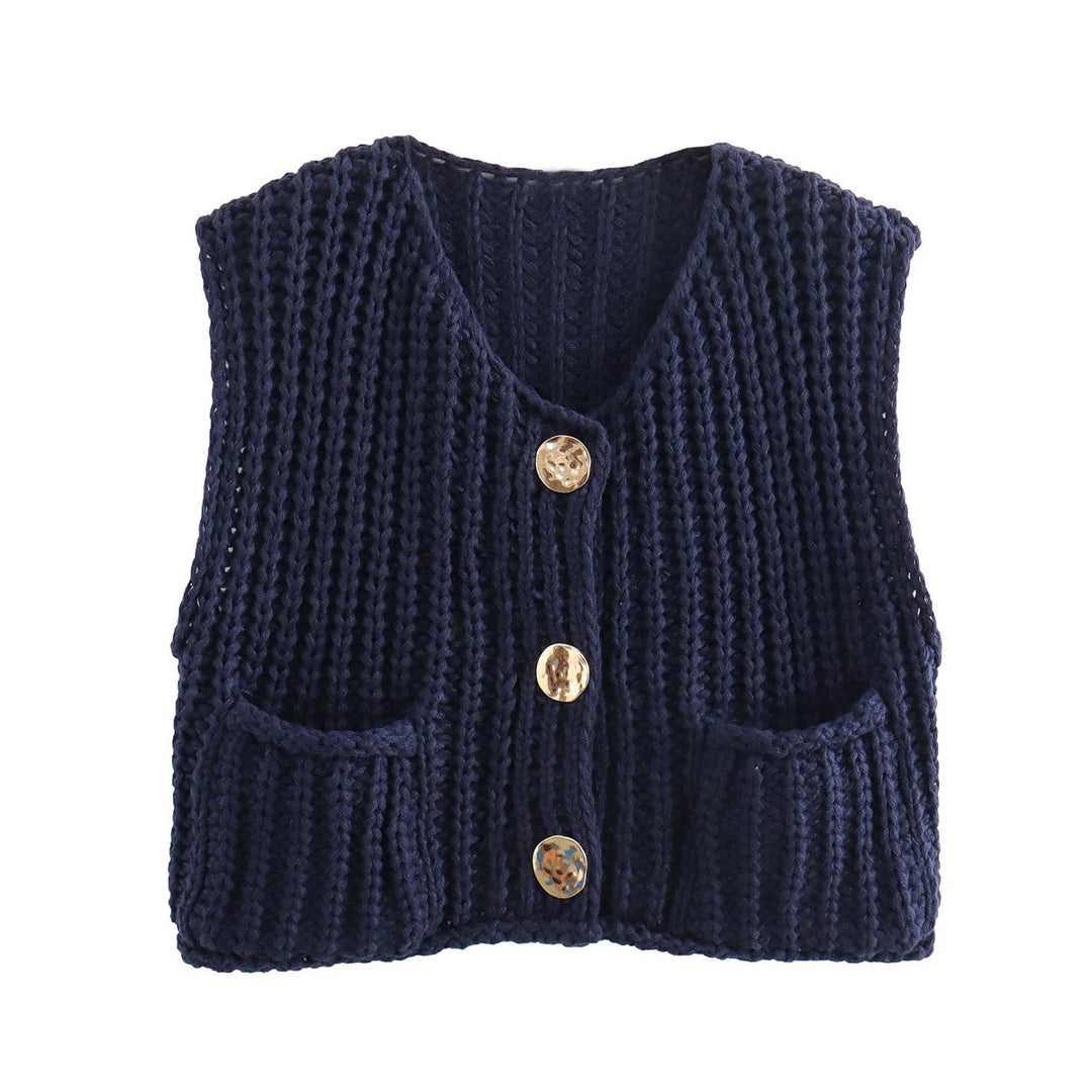 Damen modische Strickweste mit dekorativen Knopfdetails und praktischen Taschen Heidi-Mode