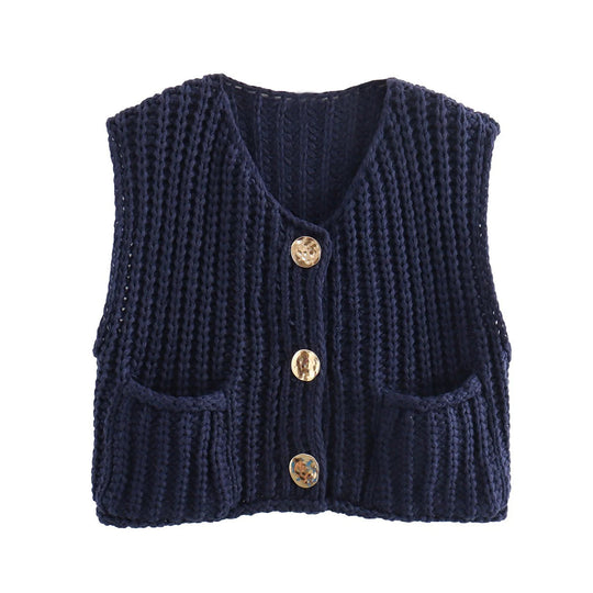 Damen modische Strickweste mit dekorativen Knopfdetails und praktischen Taschen Heidi-Mode