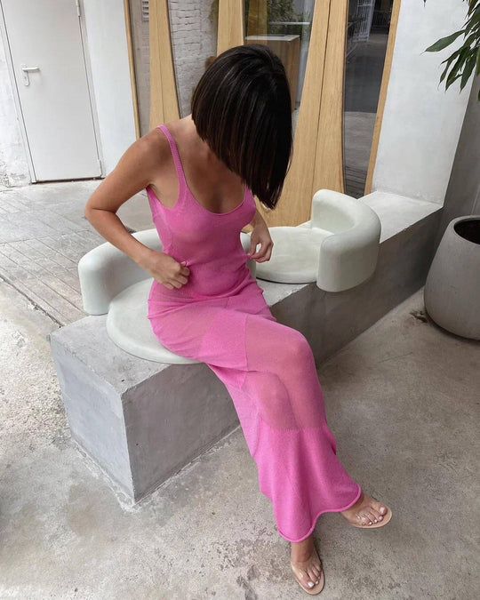Damen Maxikleid aus transparentem Strickmaterial mit feinster Rippstruktur Heidi-Mode