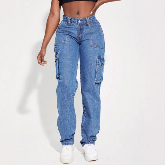 Damen Vintage Cargo Jeans mit elastischem Bund und seitlichen Taschen Heidi-Mode