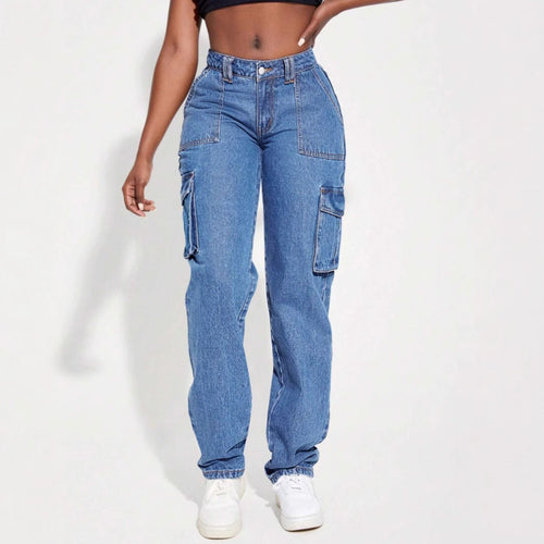 Damen Vintage Cargo Jeans mit elastischem Bund und seitlichen Taschen Heidi-Mode