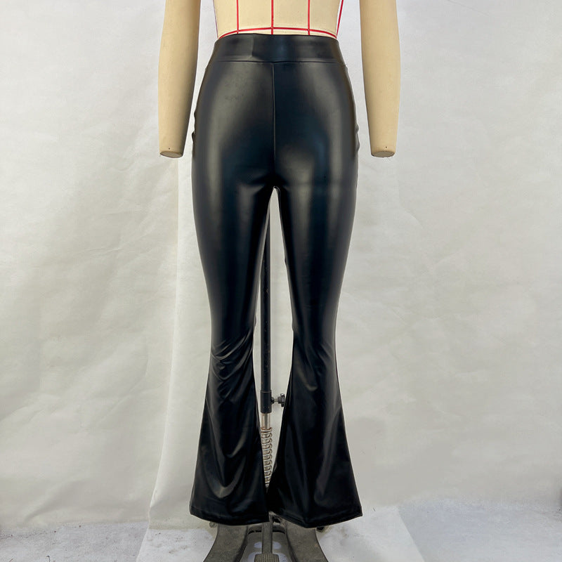Damen Hochwertige Kunstleder-Flared-Hose mit elastischem Bund Heidi-Mode