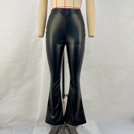 Damen Hochwertige Kunstleder-Flared-Hose mit elastischem Bund Heidi-Mode