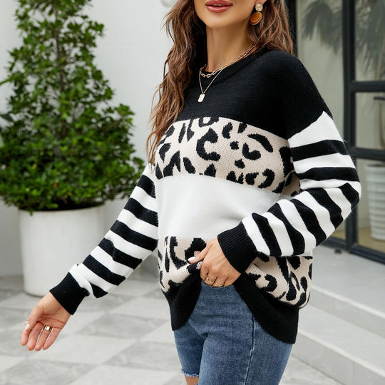 Damen modischer Pullover mit auffälligem Leopardenmuster und gestreiften Ärmeln Heidi-Mode