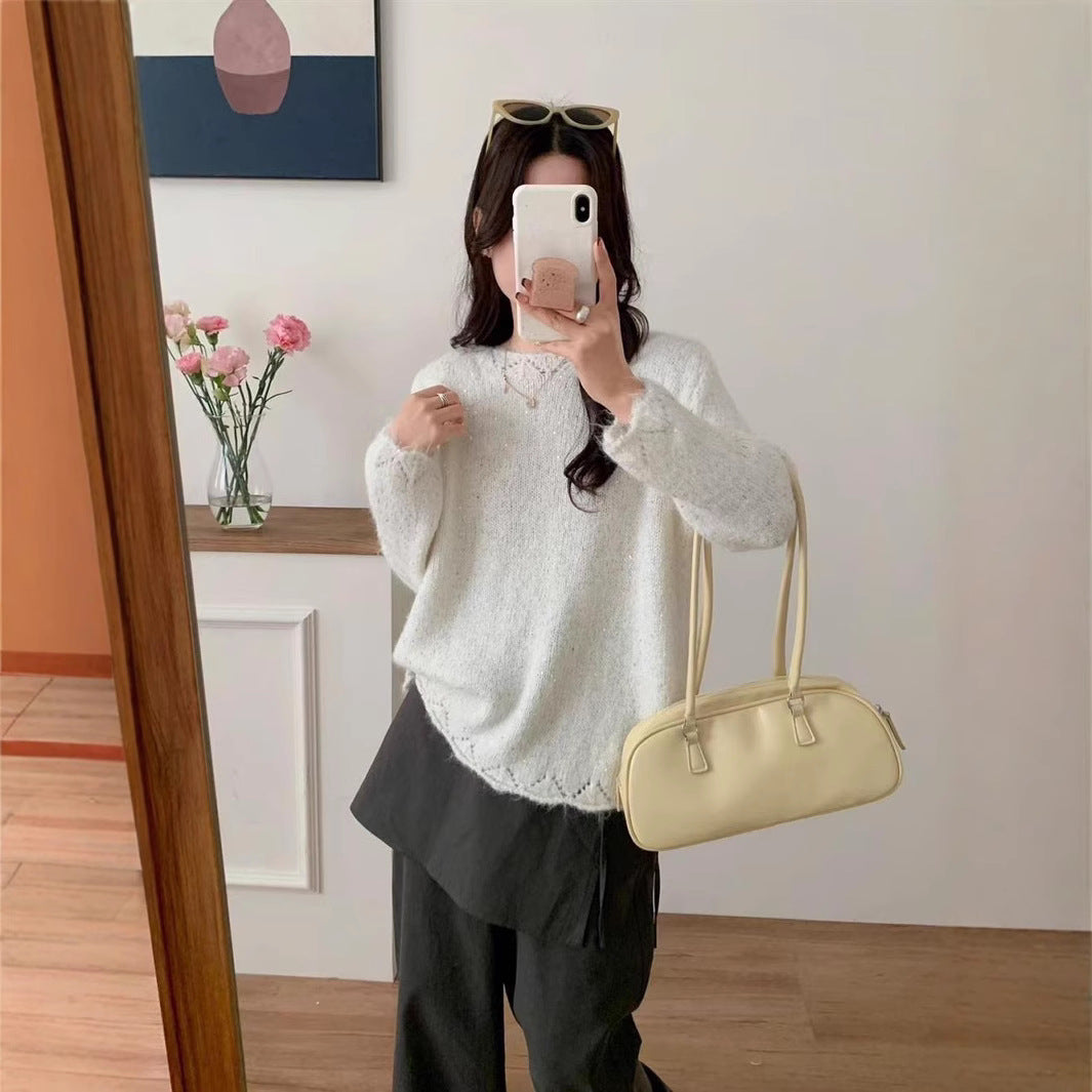 Damen Flauschiger Strickpullover mit glänzenden Akzenten und lockerem Schnitt Heidi-Mode