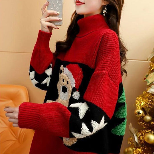 Damen Kuscheliger Rollkragenpullover mit festlichem Bärenmotiv Heidi-Mode