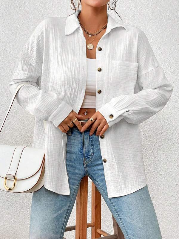 Damen Lässiges Overshirt mit Knopfleiste und Brusttasche Heidi-Mode