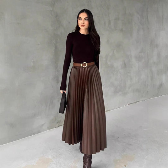 Damen Plissierter Midi-Rock mit elastischem Bund und schönem Schimmer Heidi-Mode