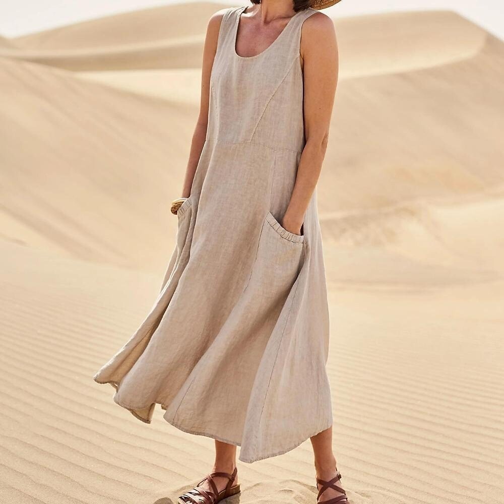 Heidi Mode | Ärmelloses Kleid aus Baumwolle und Leinen mit Rundhalsausschnitt und Tasche