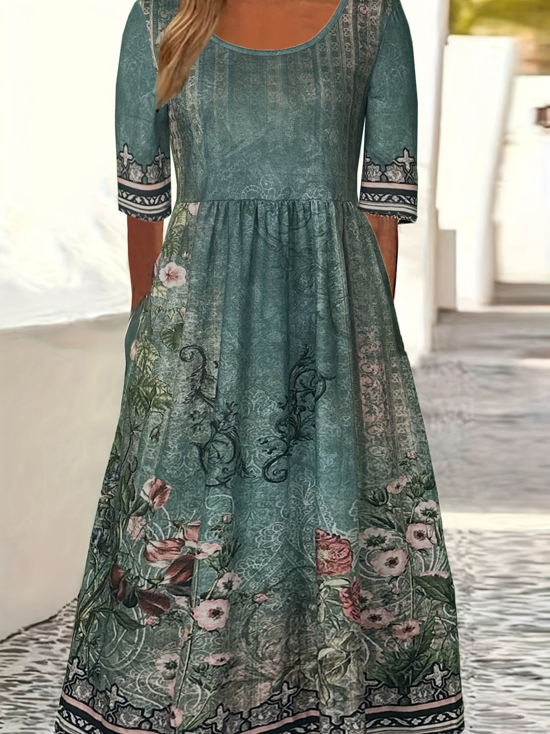 Heidi Mode | Rundhalsausschnitt Kurzarm Bohemian Print Kleid Frauen