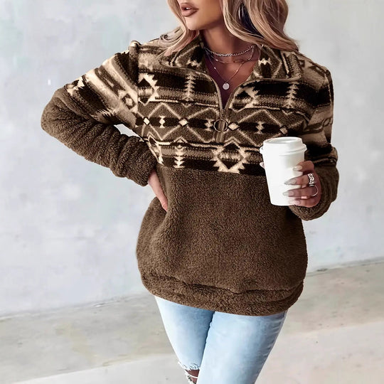 Damen Fleece-Pullover mit modernem Aztekenmuster und Stehkragen Heidi-Mode
