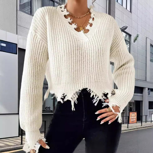 Damen Oversized Strickpullover mit fransigem Saum und raffiniertem Ausschnitt Heidi-Mode