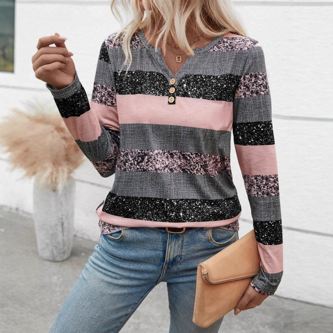 Damen Langarmshirt mit schimmernden Streifen und Knopfdetails Heidi-Mode