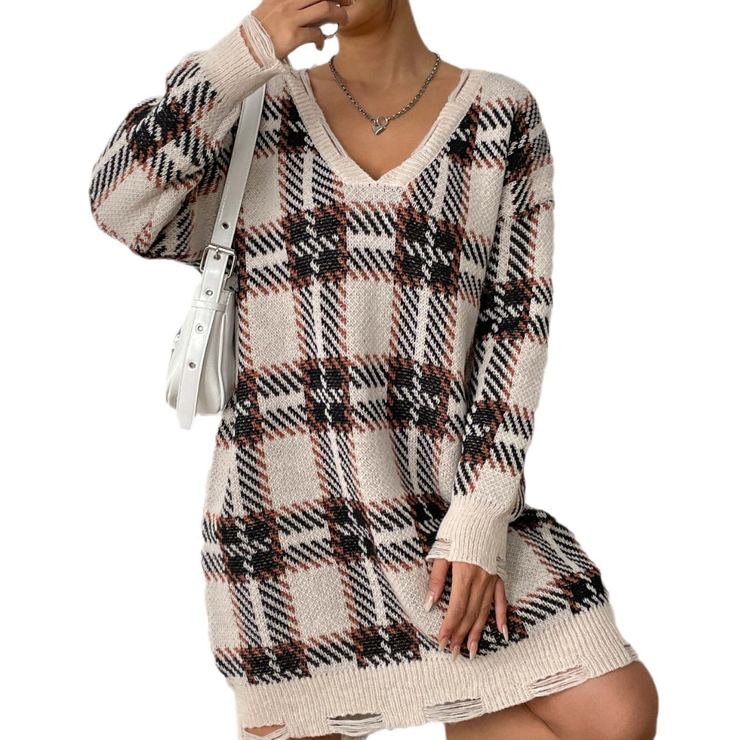 Damen V-Ausschnitt Pulloverkleid mit kariertem Muster und lässigem Schnitt Heidi-Mode