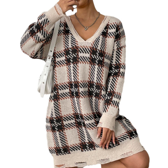 Damen V-Ausschnitt Pulloverkleid mit kariertem Muster und lässigem Schnitt Heidi-Mode
