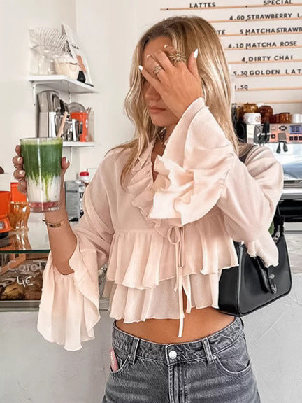 Damen Chiffon Bluse mit Rüschendetails und schickem Kordelzug Heidi-Mode