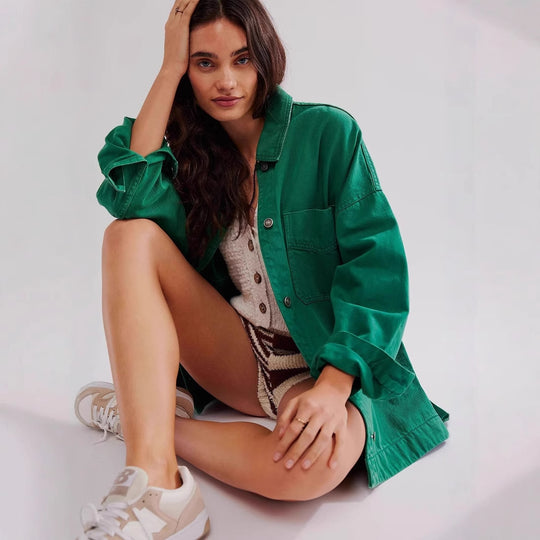 Damen lässige Oversized Jeansjacke mit großen Taschen Heidi-Mode