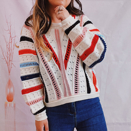 Damen lässiger Strickpullover mit modernem Farbverlauf und einzigartiger Lochstruktur Heidi-Mode