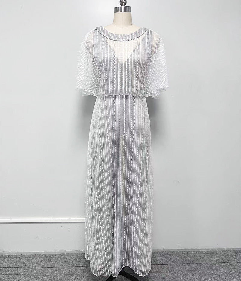 Heidi-Mode | Langes Maxi-Kleid mit Ausgeschnittenen Ärmeln und Lockerer Passform Im Oberteil