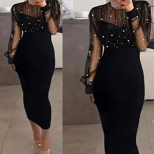 Damen Elegantes Abendkleid mit transparenten Ärmeln und Perlendetails Heidi-Mode