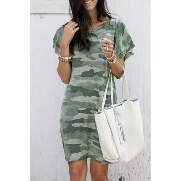 Damen Freizeitkleid mit Rüschendetails und Camouflage-Design Heidi-Mode