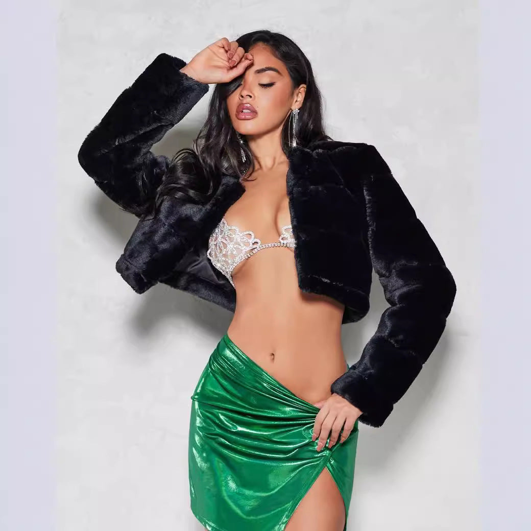 Damen Kurze Kunstpelzjacke mit breiten Ärmeln Heidi-Mode