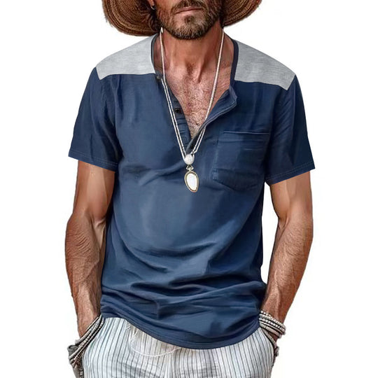 Herren Kurzarm-Henley-Shirt mit kontrastierenden Schulterdetails und praktischer Brusttasche Heidi-Mode
