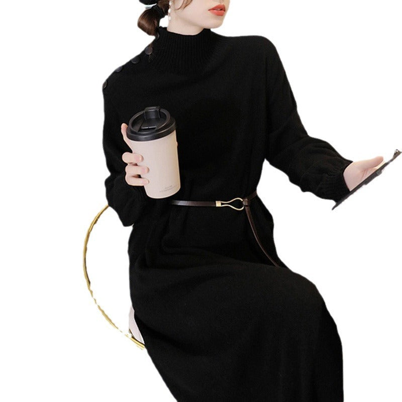 Damen Elegantes Strickmaxikleid mit hochgeschlossenem Kragen und dekorativen Knöpfen Heidi-Mode