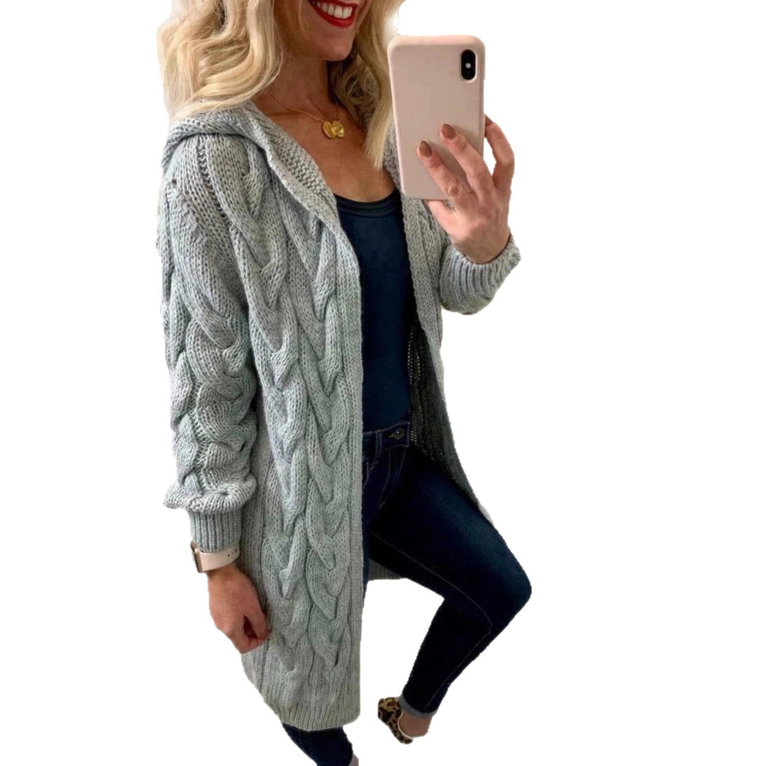 Damen Grobstrick-Cardigan mit Kapuze und Zopfmuster Heidi-Mode