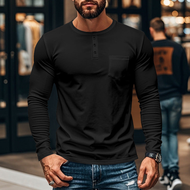 Herren Langarmshirt mit Knopfleiste und Brusttasche Heidi-Mode