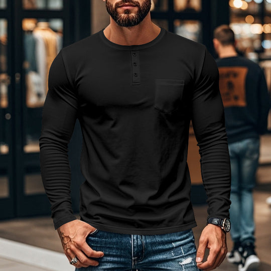 Herren Langarmshirt mit Knopfleiste und Brusttasche Heidi-Mode