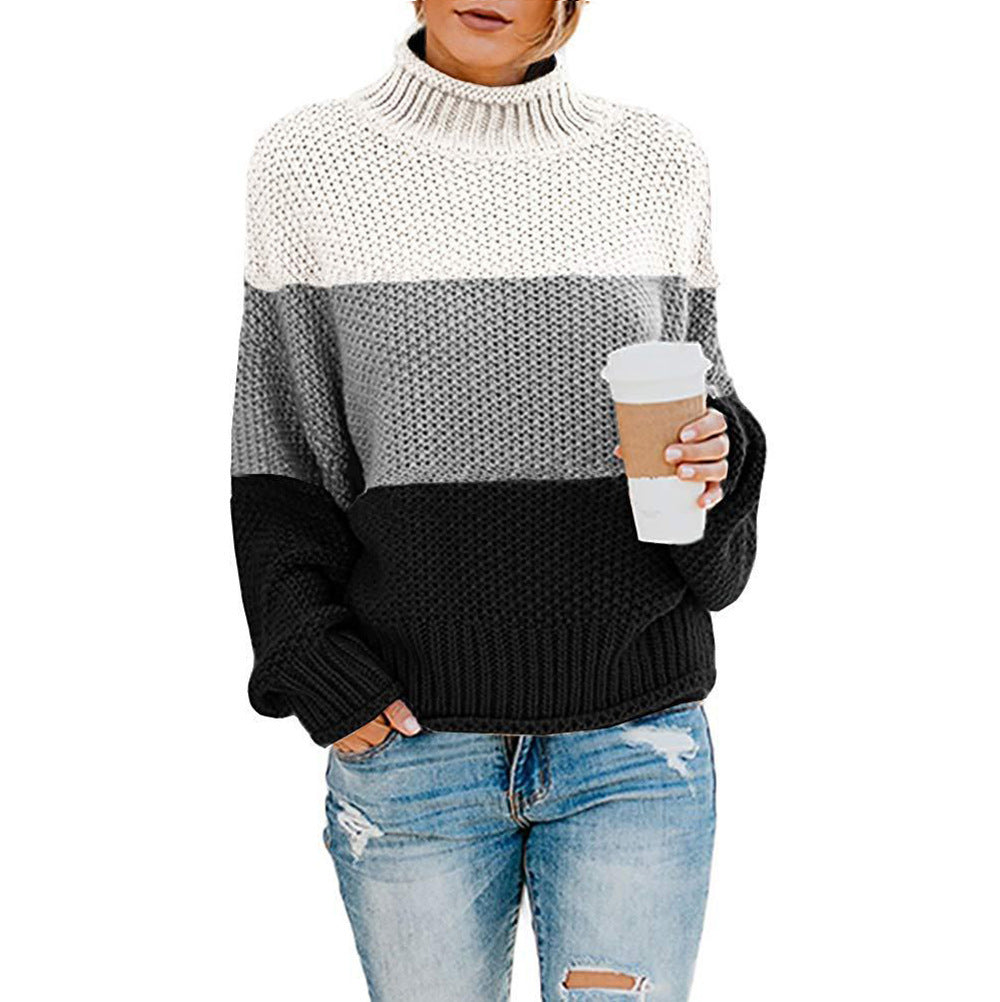 Damen Grobstrickpullover mit hohem Kragen und modischem Farbblockdesign Heidi-Mode