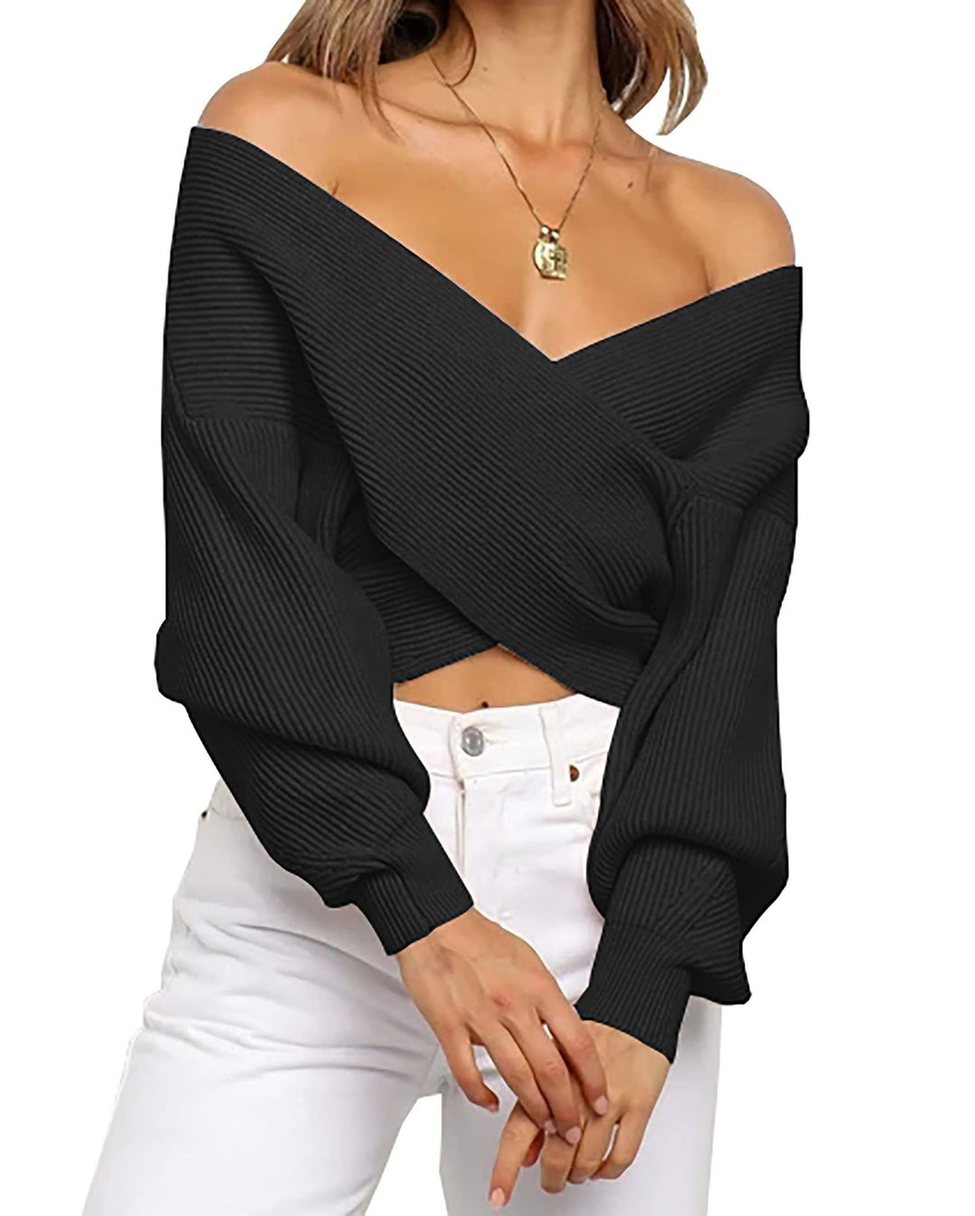 Damen eleganter cropped Pullover mit weitem V-Ausschnitt und Rippstruktur Heidi-Mode
