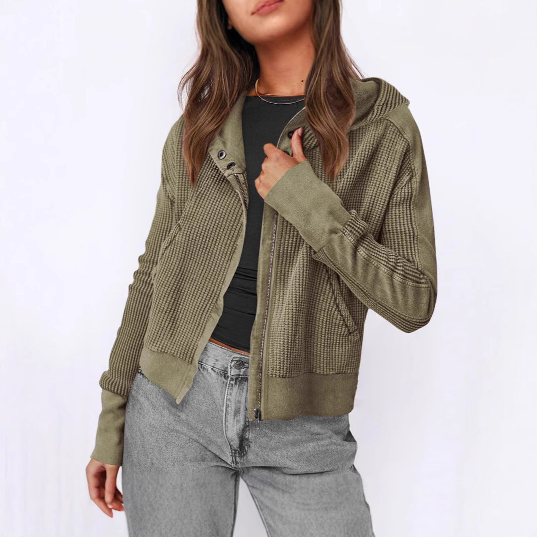 Damen lässige Zip-Jacke mit Kapuze und strukturiertem Design Heidi-Mode