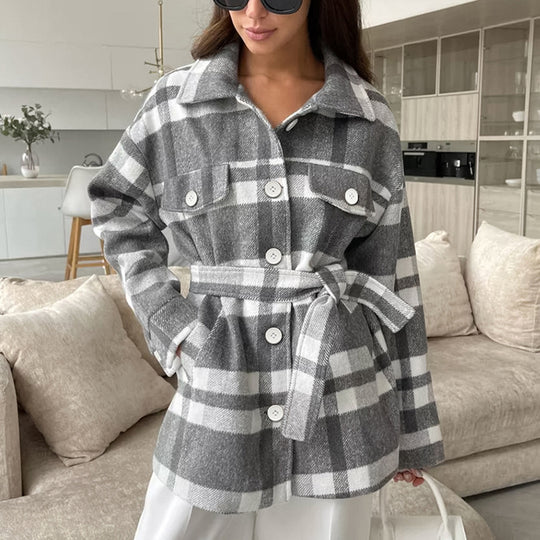 Damen Flanellhemdjacke mit Gürtel und Karomuster Heidi-Mode