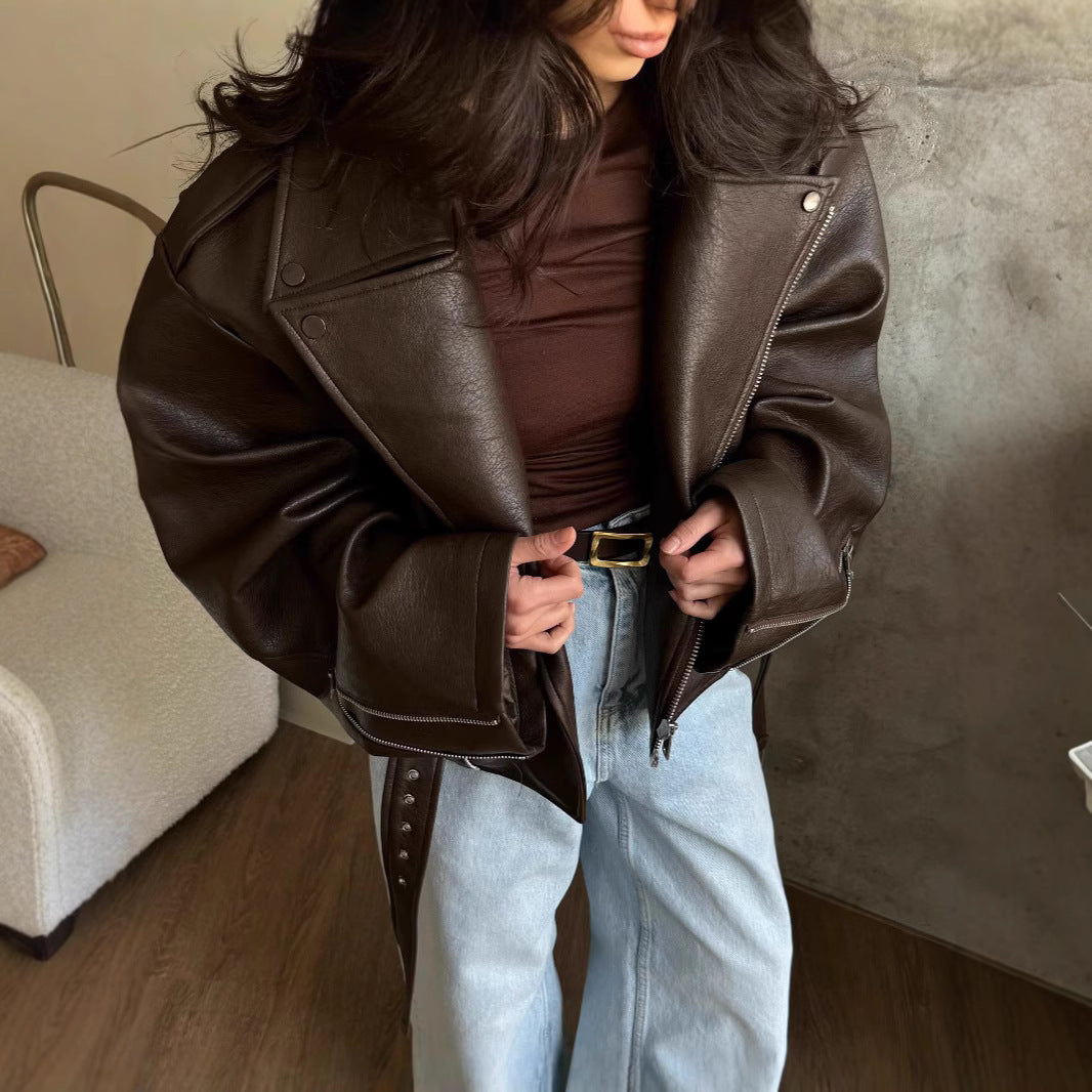 Damen elegante Kunstlederjacke mit Gürtel und übergroßen Ärmeln Heidi-Mode