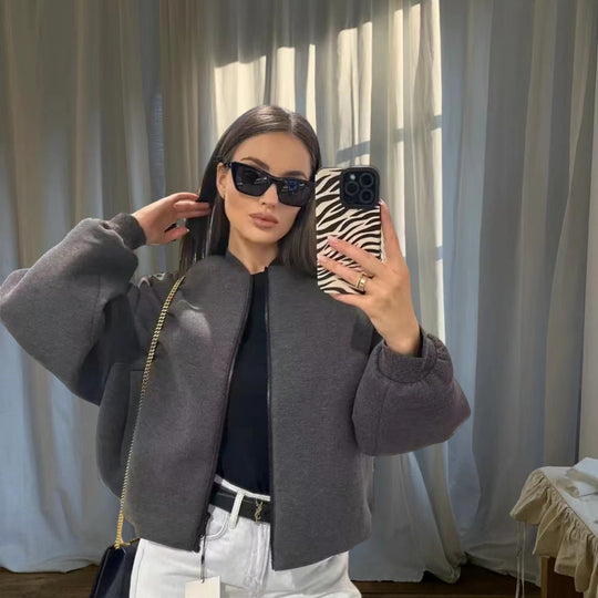 Damen Sportliche Oversize-Jacke mit Reißverschluss und voluminösen Ärmeln Heidi-Mode