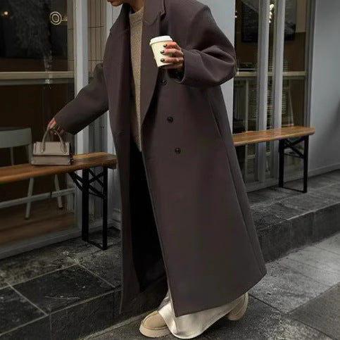 Damen Klassischer Oversized-Designer-Mantel mit doppelter Knopfreihe und weichem Futter Heidi-Mode