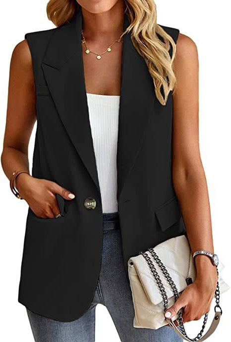 Damen ärmellose Blazerjacke mit Taillenakzenten und praktischen Taschen Heidi-Mode