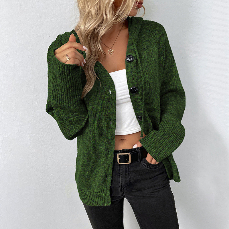 Damen lässige Strickjacke mit Kapuze und Knopfverschluss Heidi-Mode