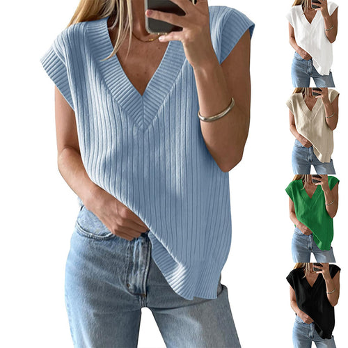 Damen lässiges V-Ausschnitt Oberteil aus Rippstrickmaterial Heidi-Mode