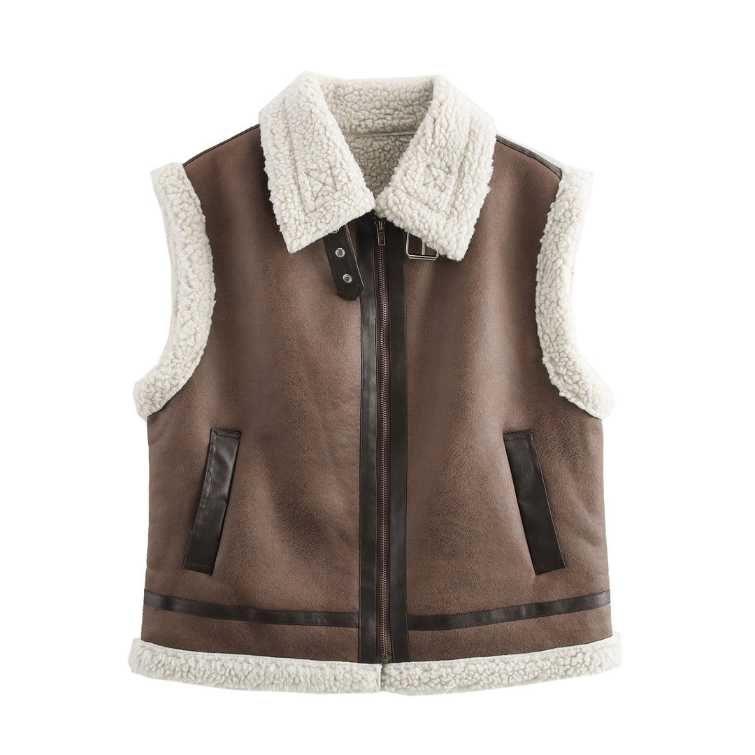Damen Teddyweste mit hohem Kragen und Kunstlederelementen Heidi-Mode