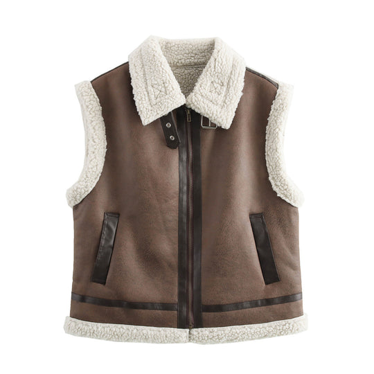Damen Teddyweste mit hohem Kragen und Kunstlederelementen Heidi-Mode