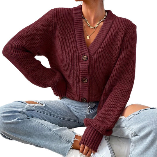 Damen bequeme Strickjacke mit schickem V-Ausschnitt Heidi-Mode