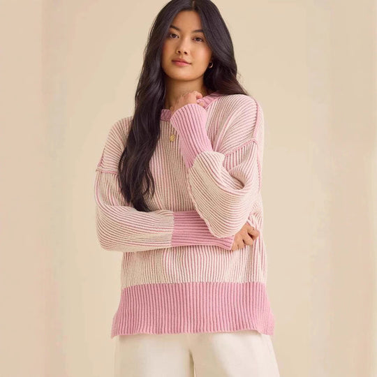 Damen lässiger Strickpullover mit modernem Rippenmuster und überschnittenen Schultern Heidi-Mode