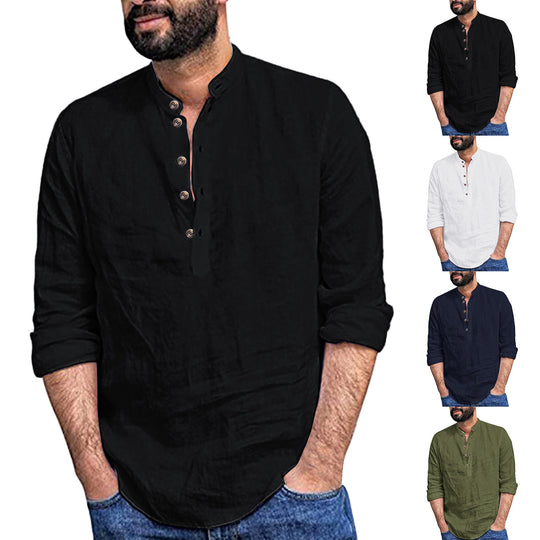 Herren Langarm-Henley-Shirt aus hochwertigem Leinen mit stilvollem Knopfdesign Heidi-Mode