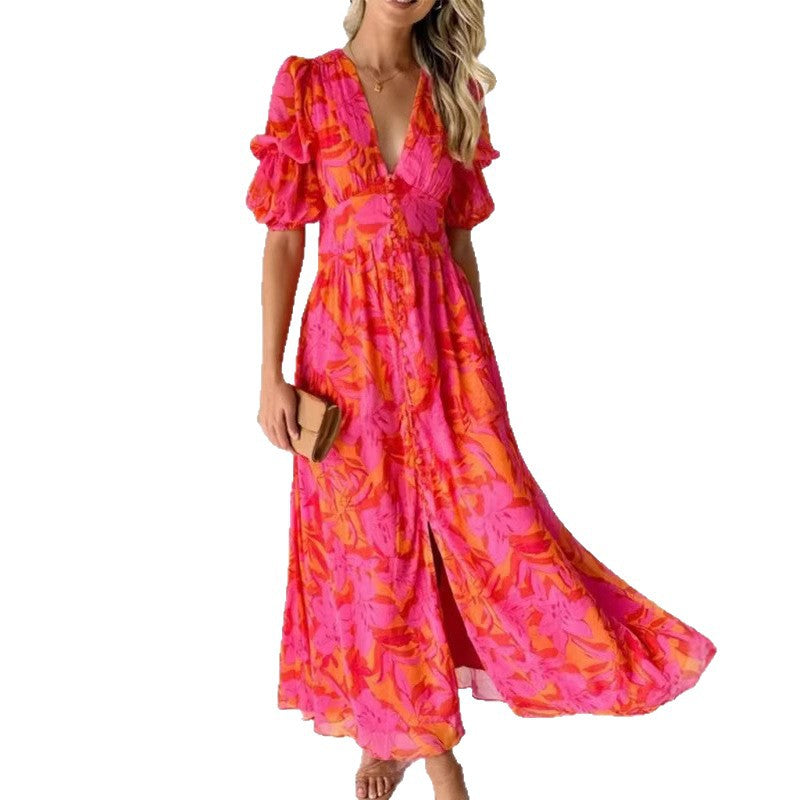 Damen Maxikleid mit Blumenmuster und V-Ausschnitt Heidi-Mode